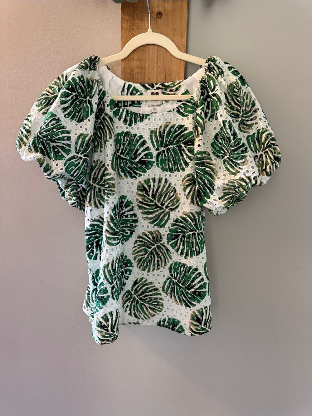 Anne Klein White Eyelet Top with Green Leaf Motif